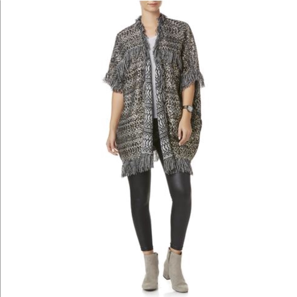 Black open front fringe reversible cardigan